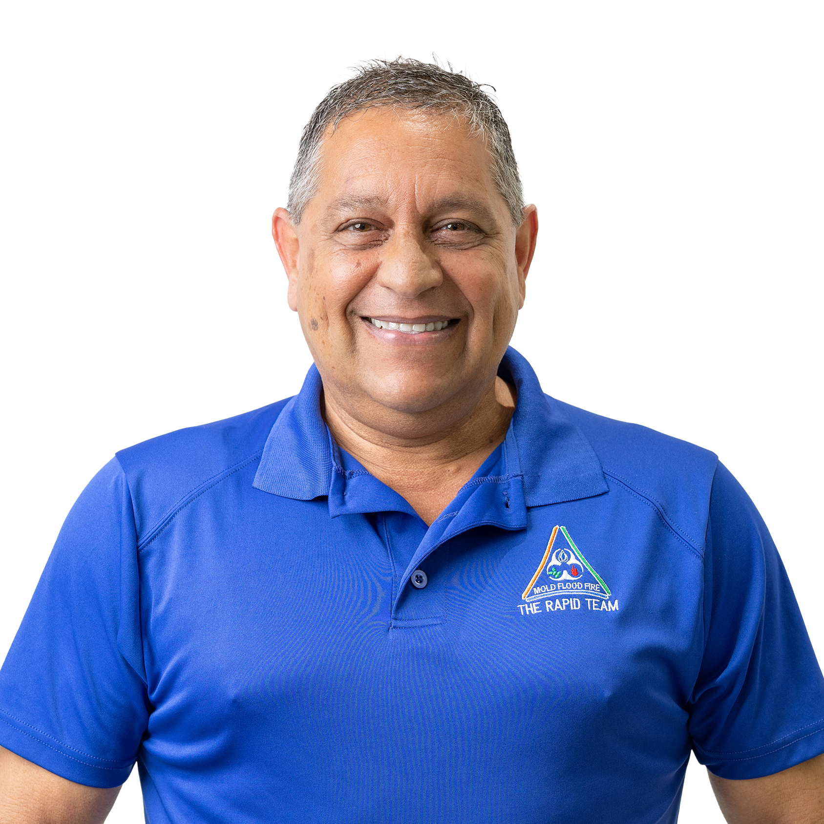 A man wearing a blue shirt with a triangle on it