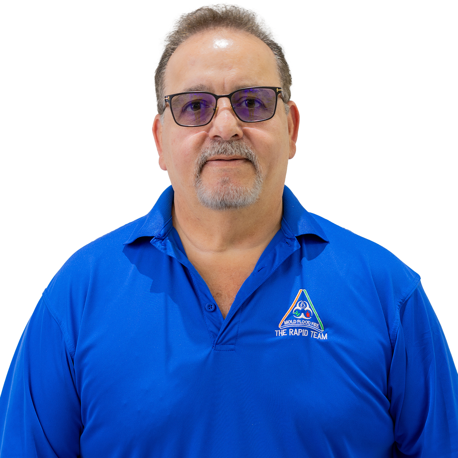 A man wearing sunglasses and a blue shirt with rapid recovery logo