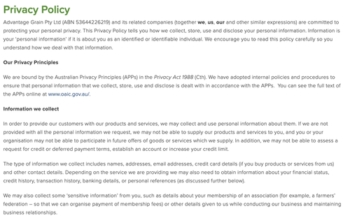 Advantage Grain privacy policy