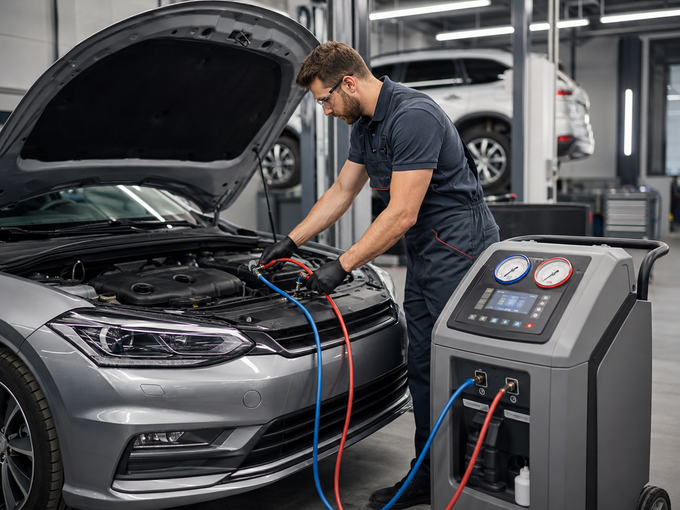 Un meccanico testa la batteria di un'auto con un caricabatterie diagnostico in un'officina meccanica.