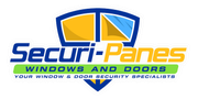 Securi-Panes logo with blue and yellow window shield icon and slogan 