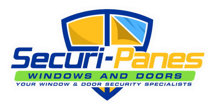 Securi-Panes logo with blue and yellow window shield icon and slogan 