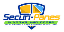 Securi-Panes logo with blue and yellow window shield icon and slogan 