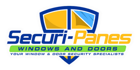 Securi-Panes logo with blue and yellow window shield icon and slogan 