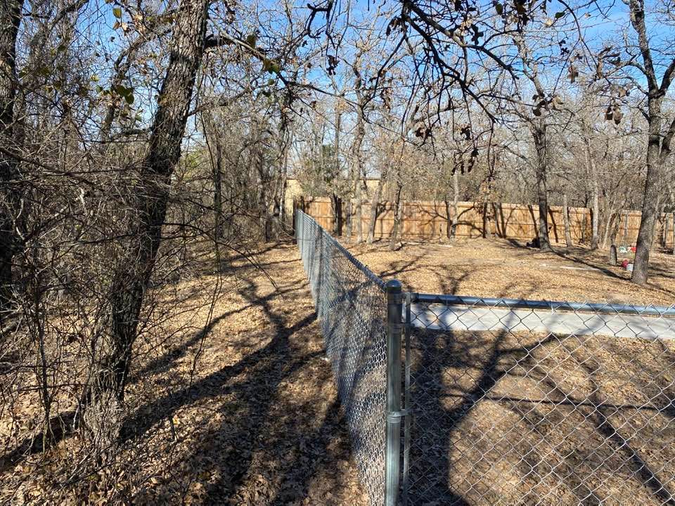 A chain link fence surrounds a lush green forest.