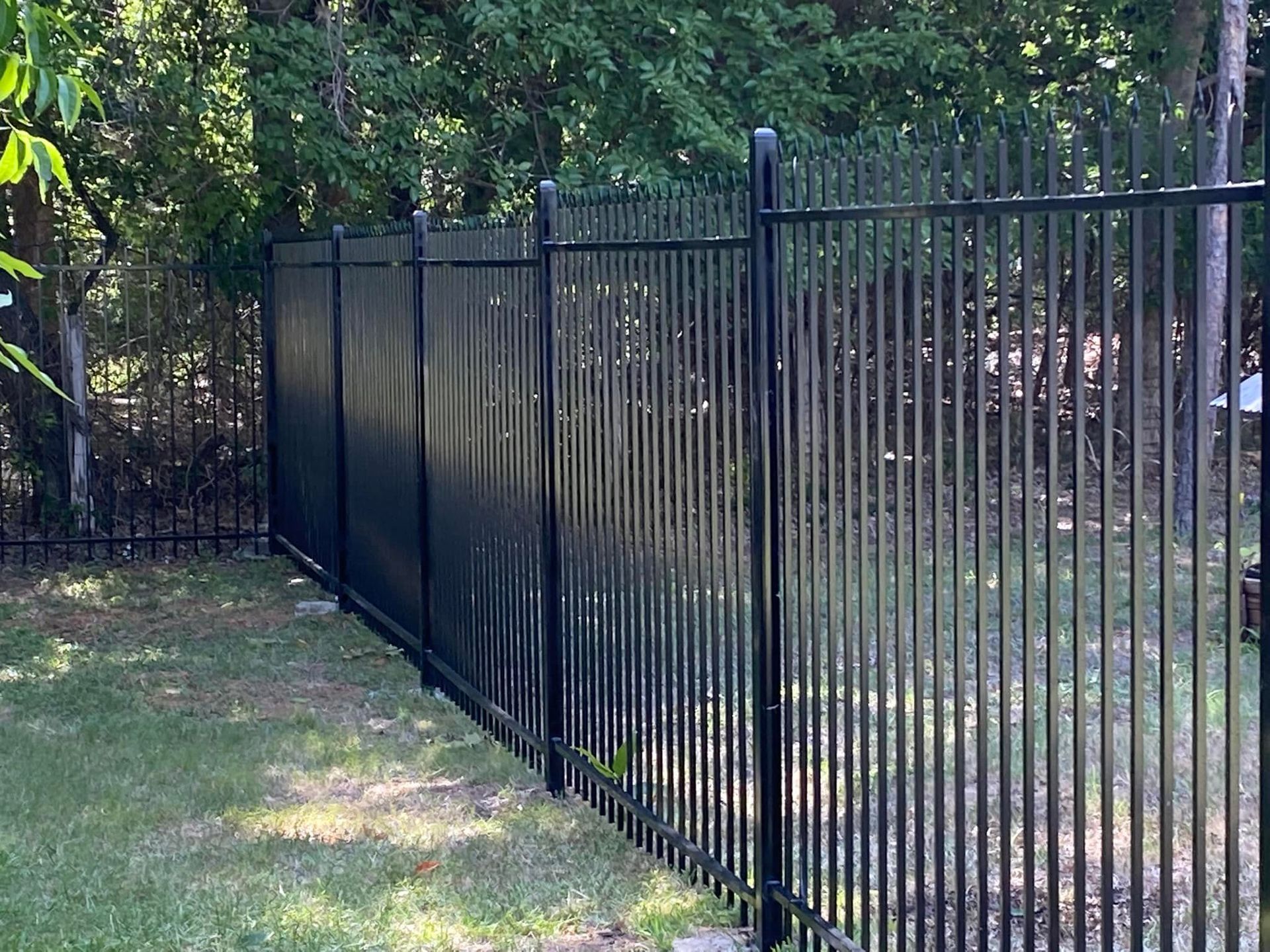 A black metal fence is surrounded by grass and trees.