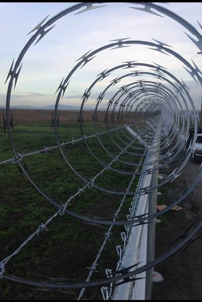 A barbed wire fence is surrounding a field.