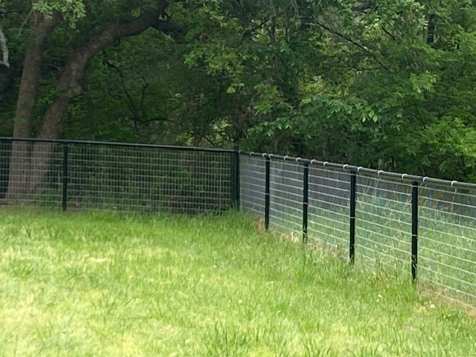 A fence surrounds a grassy field with trees in the background.