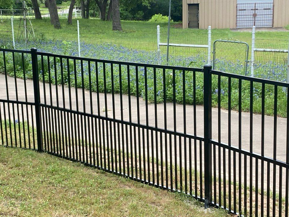 A black metal fence is surrounding a grassy field.