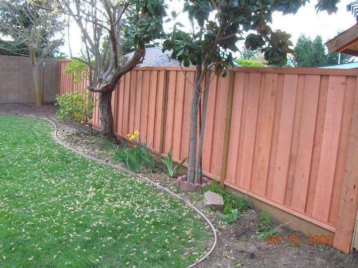A wooden fence surrounds a lush green yard.