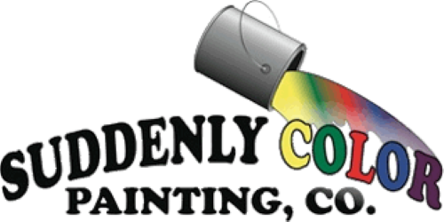 The logo for suddenly color painting co. has a bucket of paint pouring out of it