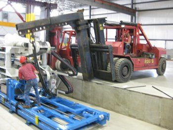 A red forklift with the letters rdc on it