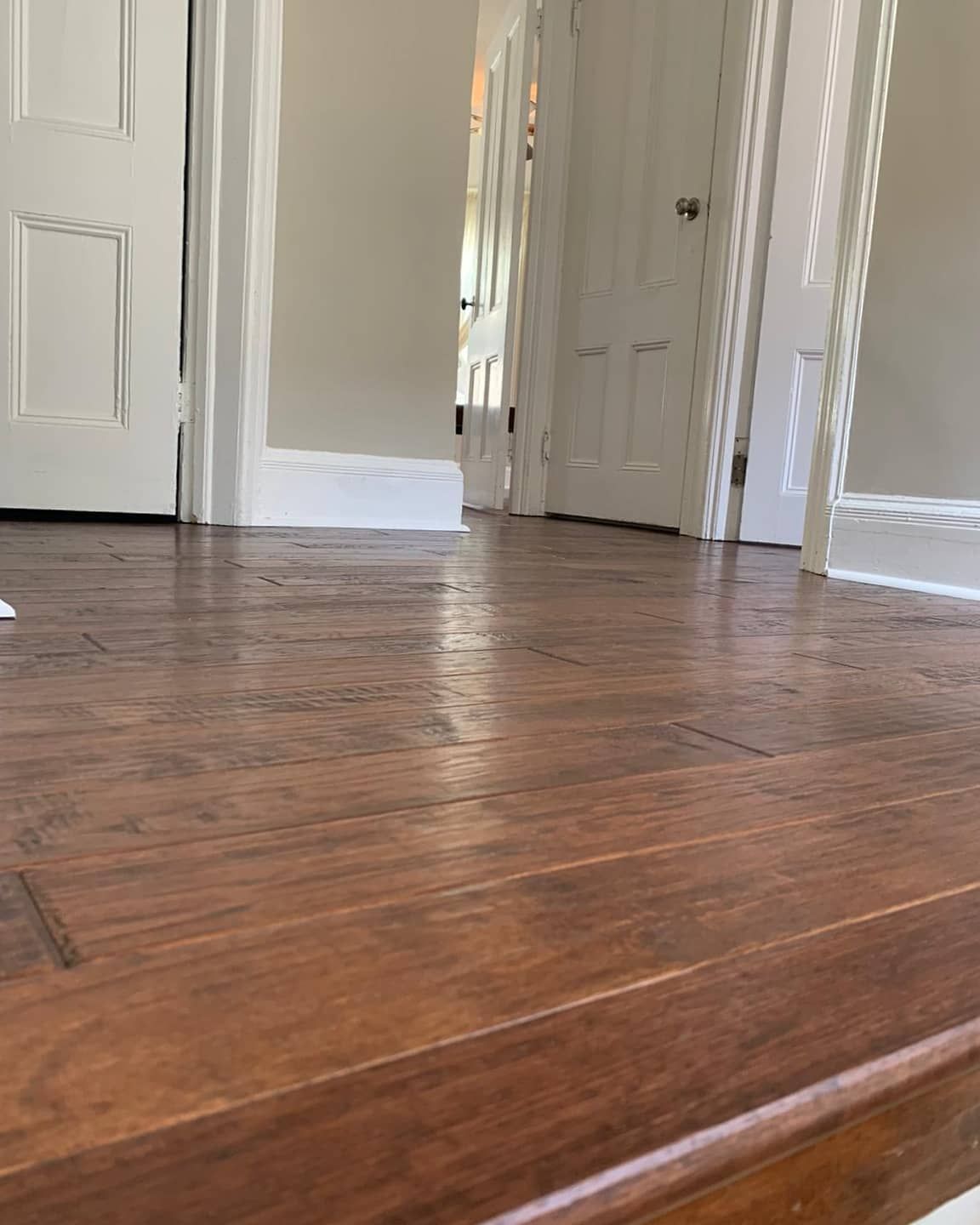 Wooden floor, white doors and trim in a room with light gray walls.