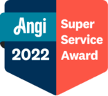 A blue and red badge that says `` angi super service award ''.