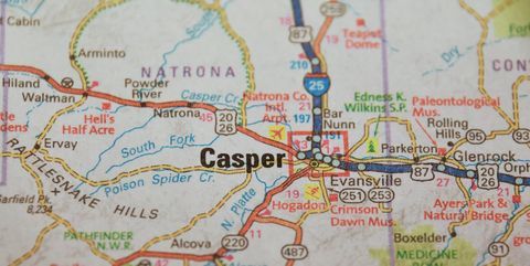 Map of Wyoming showing Casper Evansville, Glenrock Wyoming

