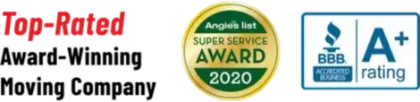 Logos: Top-Rated, Award-Winning Moving Company. Angie's List Super Service Award 2020. BBB A+ rating.