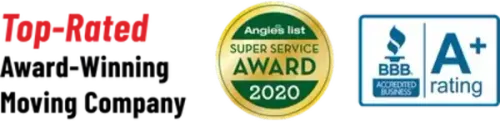 Logos: Top-Rated Moving Company, Angiels List Super Service Award 2020, and BBB A+ rating.