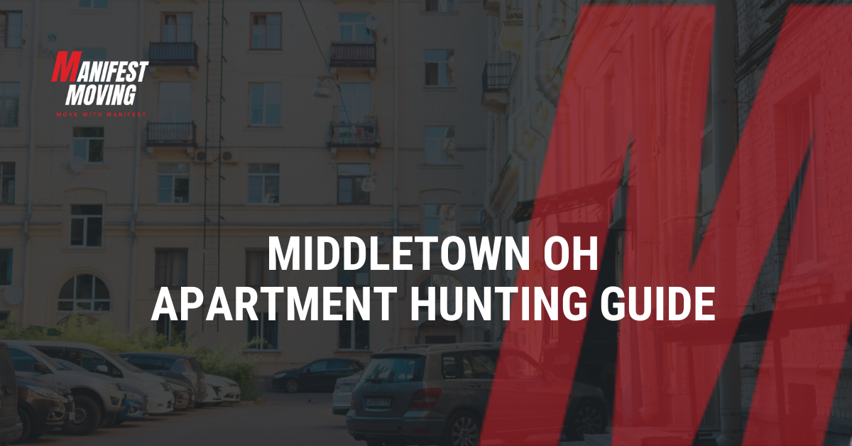 Text over building: Middletown OH Apartment Hunting Guide. Cars parked in front.