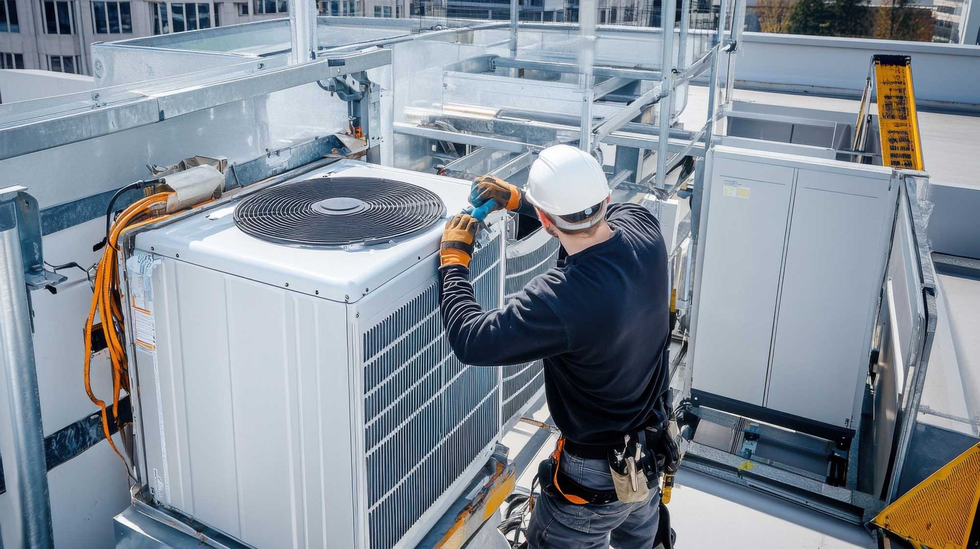 Technician inspecting rooftop HVAC unit with tools on an industrial building roof