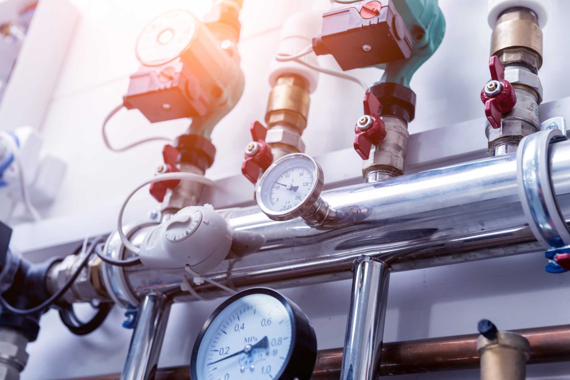 Industrial pipes with pressure gauges and valves in a bright mechanical room