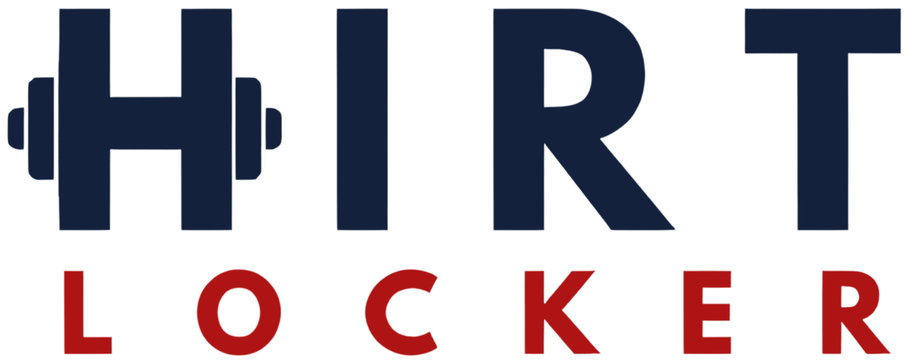 Logo for HIRT Locker: dark blue text with a dumbbell as the