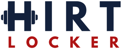 Logo for HIRT Locker: dark blue text with a dumbbell as the 