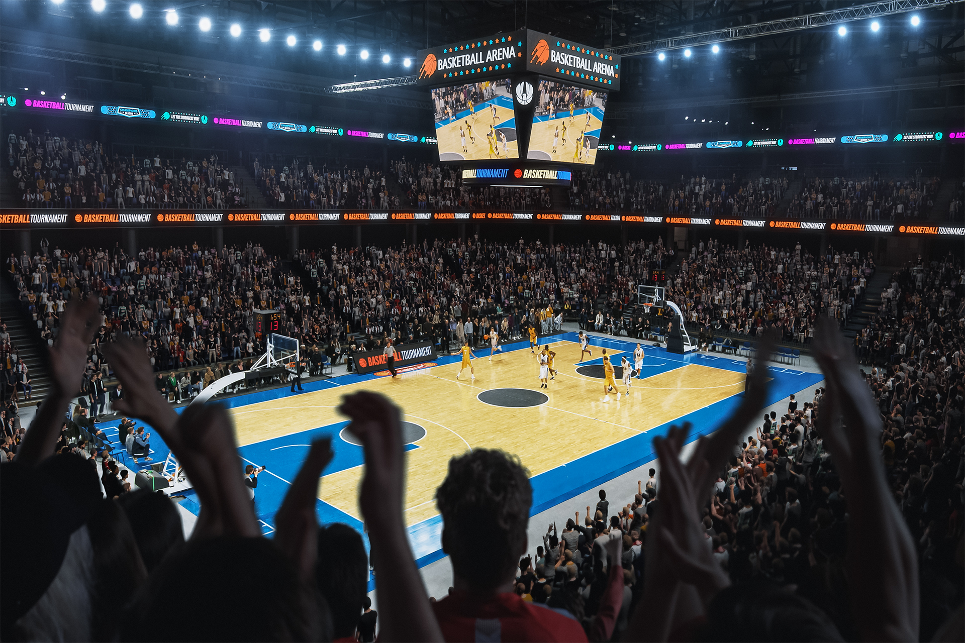 Basketball game in a packed arena: players on the court, crowd cheering, large scoreboard overhead.