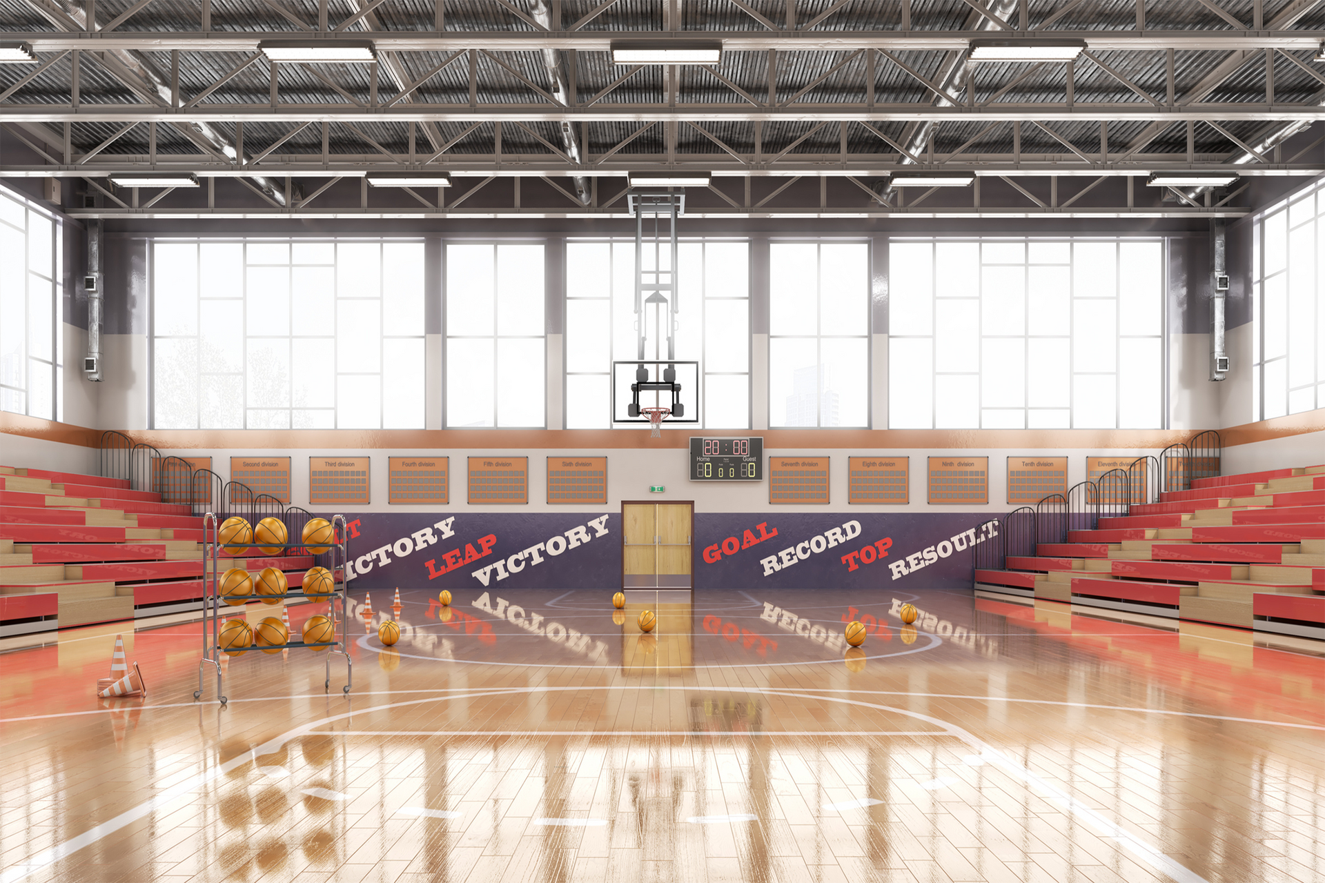 Basketball court with red bleachers, hoop, and balls.