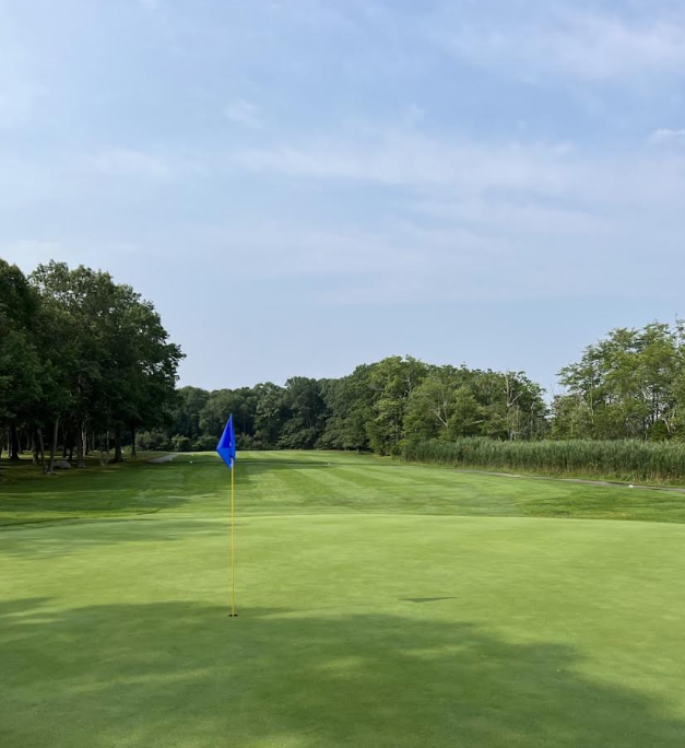 A golf course with a blue flag on the green