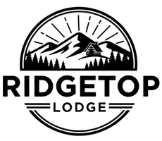Ridgetop Lodge logo with mountain, cabin, and pine trees in a circle.