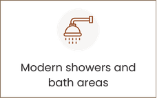 Toilet and sink icon with “6 bathrooms throughout the lodge” text.