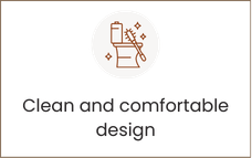 Toilet and brush icon with sparkling stars and “Clean and comfortable design” text.