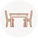 Dining table with two chairs icon in a circle.