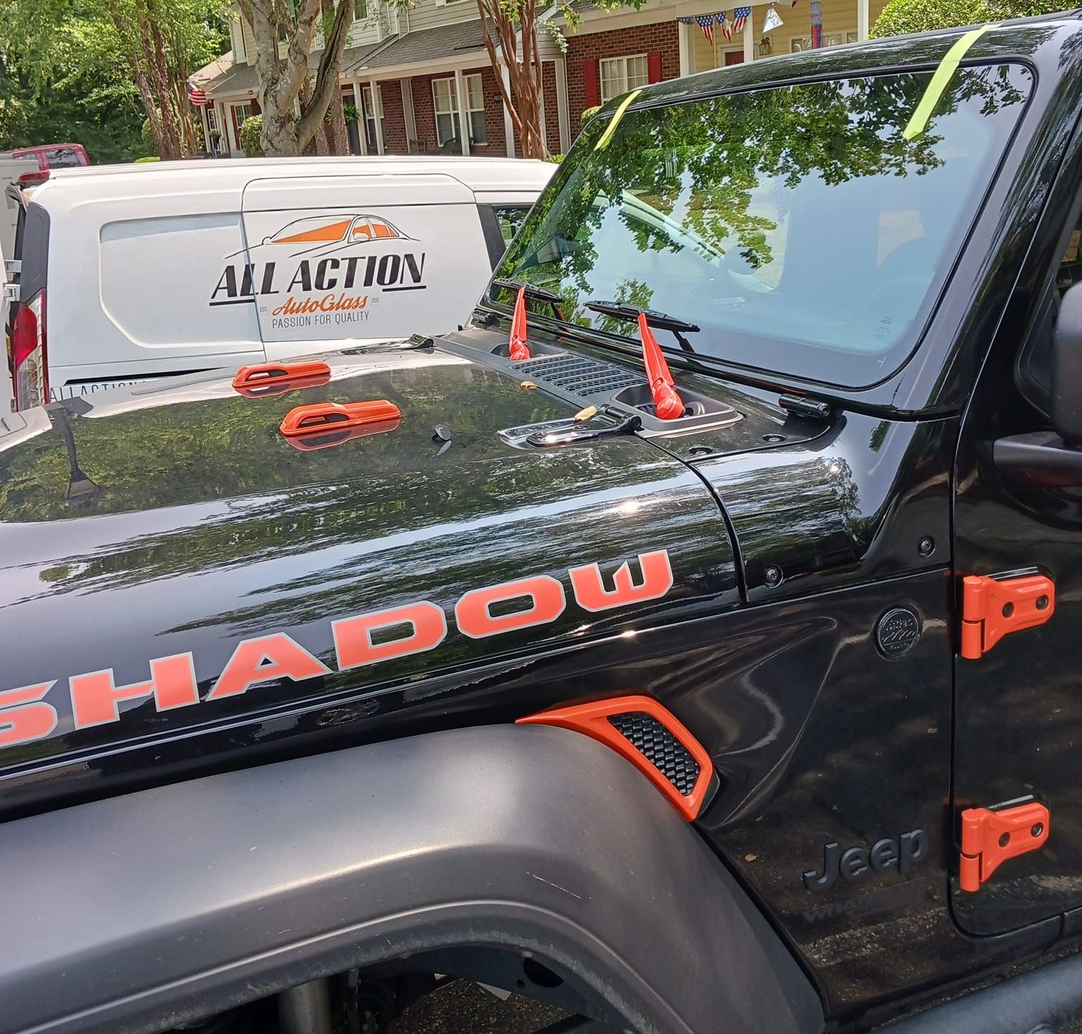 All Action Auto Glass providing ADAS calibration on a Jeep Wrangler in Charlotte, NC All Action Auto Glass providing ADAS calibration on a Jeep Wrangler in Charlotte, NC