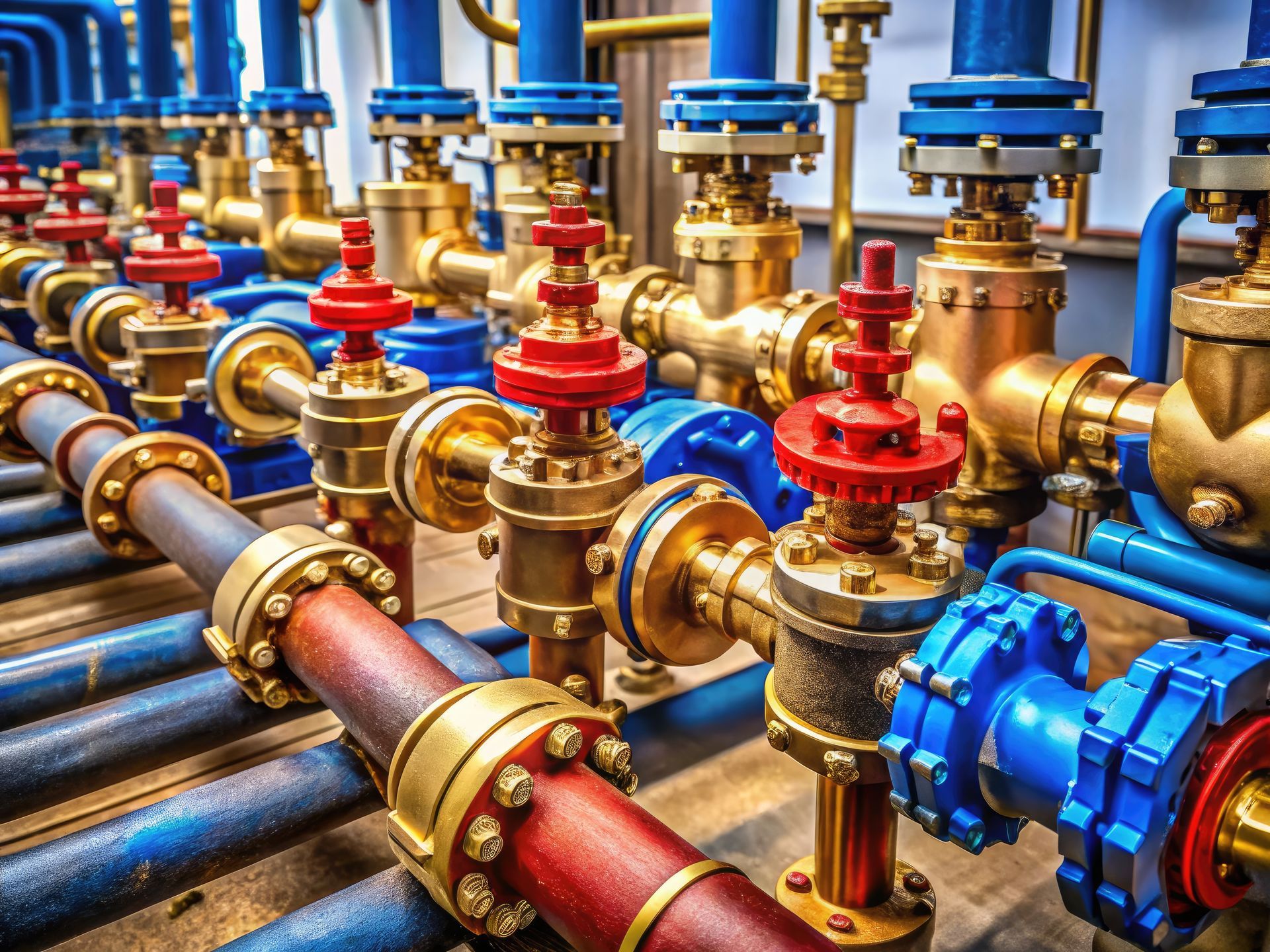A bunch of pipes and valves are lined up in a room.