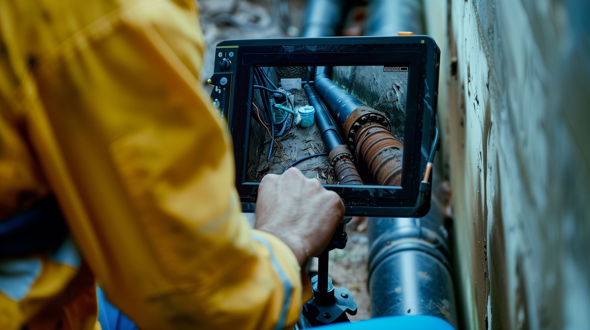 A man is taking a picture of a pipe with a camera.
