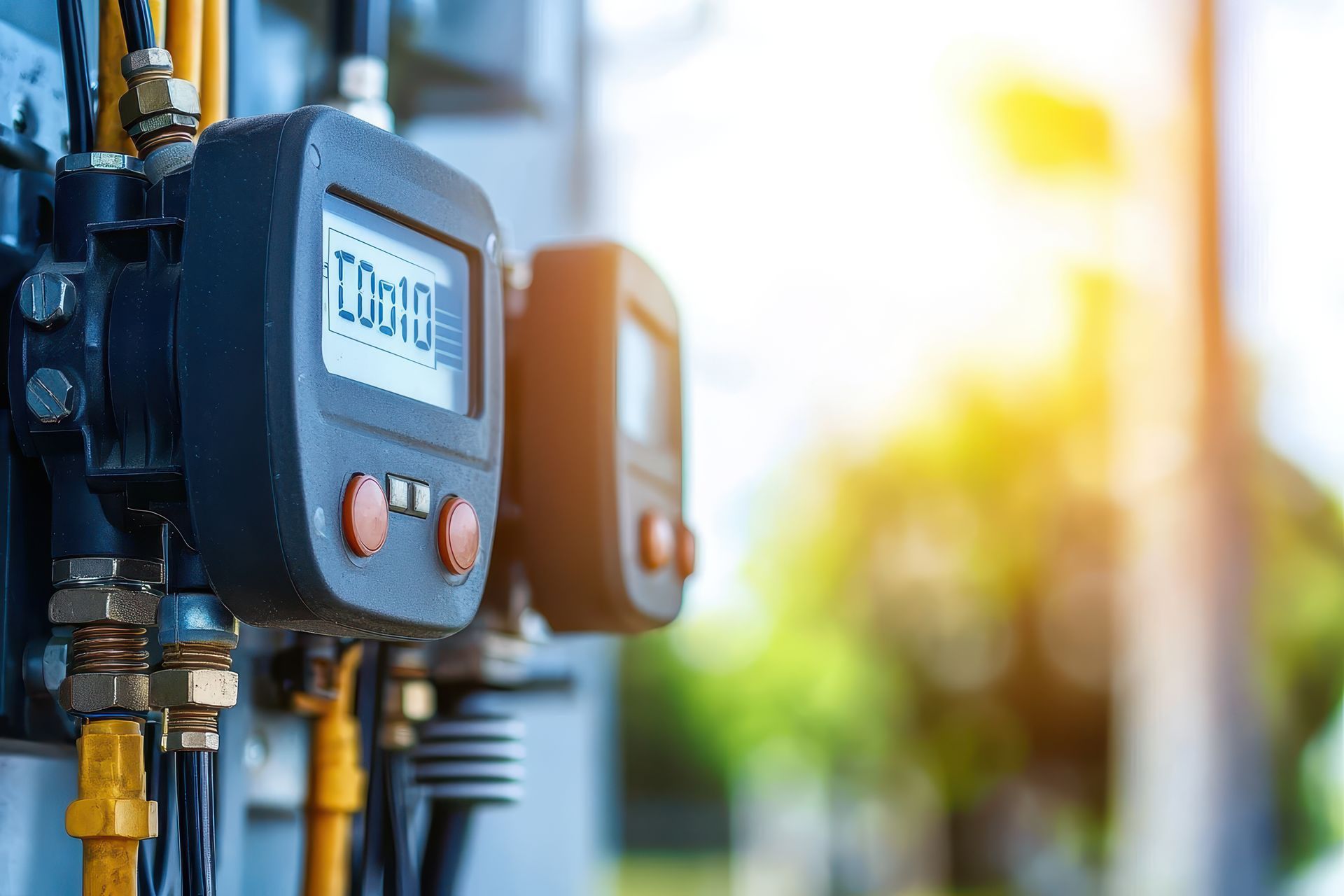 A close up of a gas meter on a wall.
