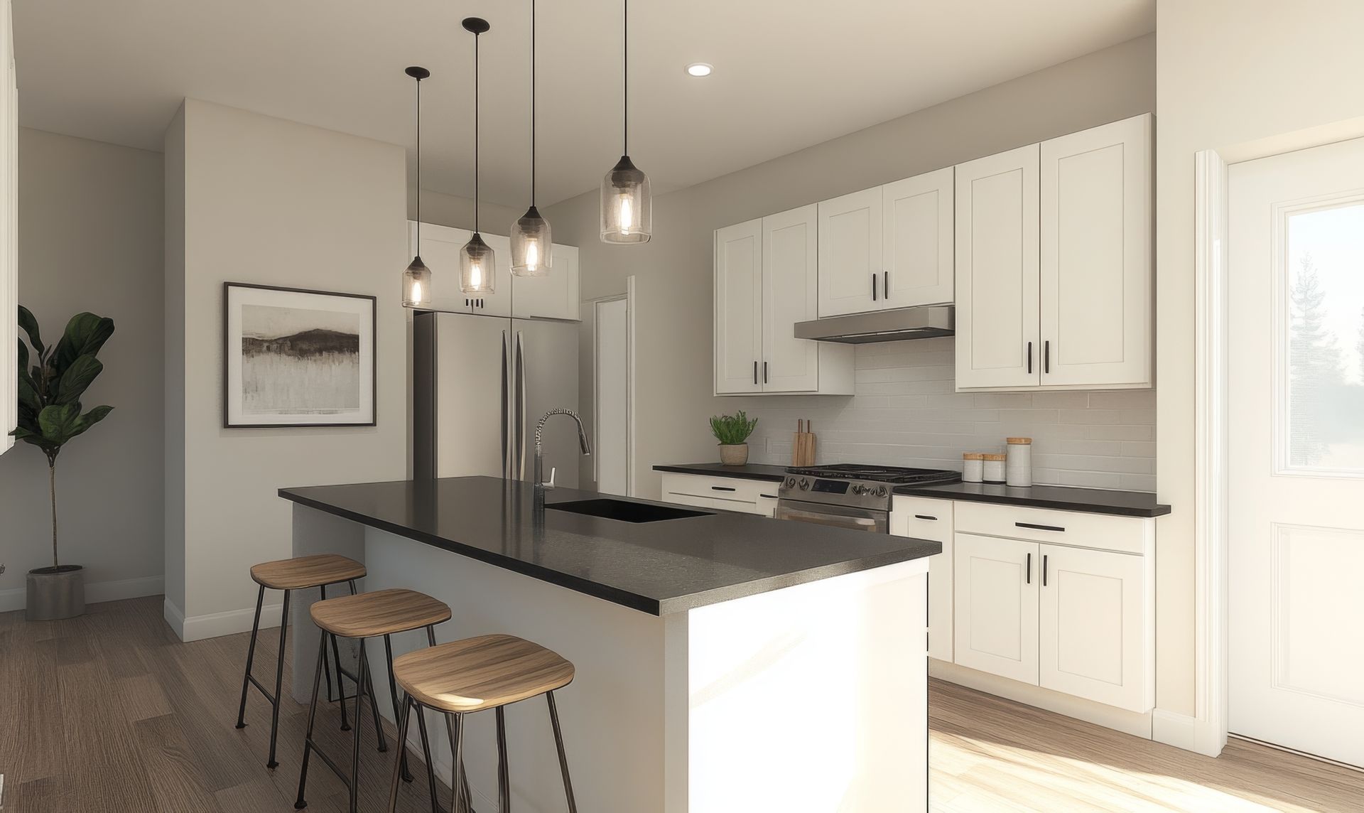 An artist 's impression of a kitchen with white cabinets and black counter tops.