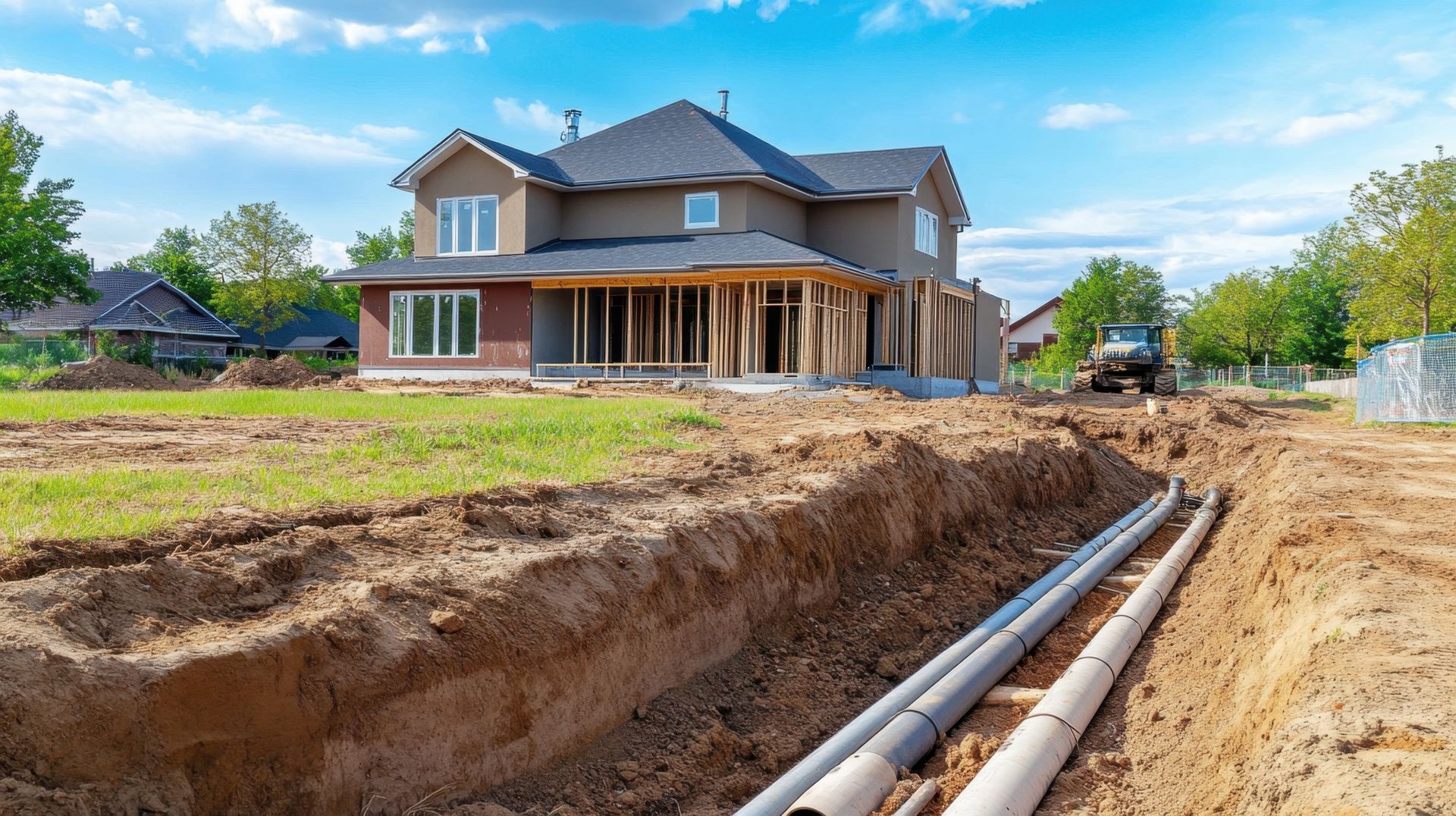 A house is being built in the middle of a dirt field.