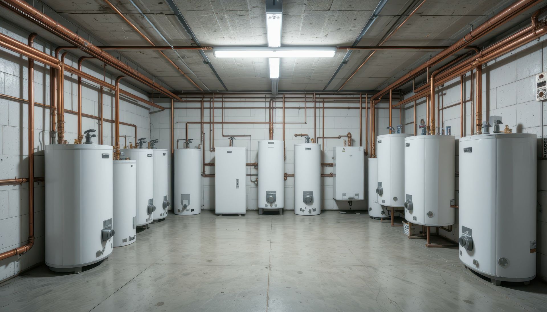 A room filled with water heaters and pipes.