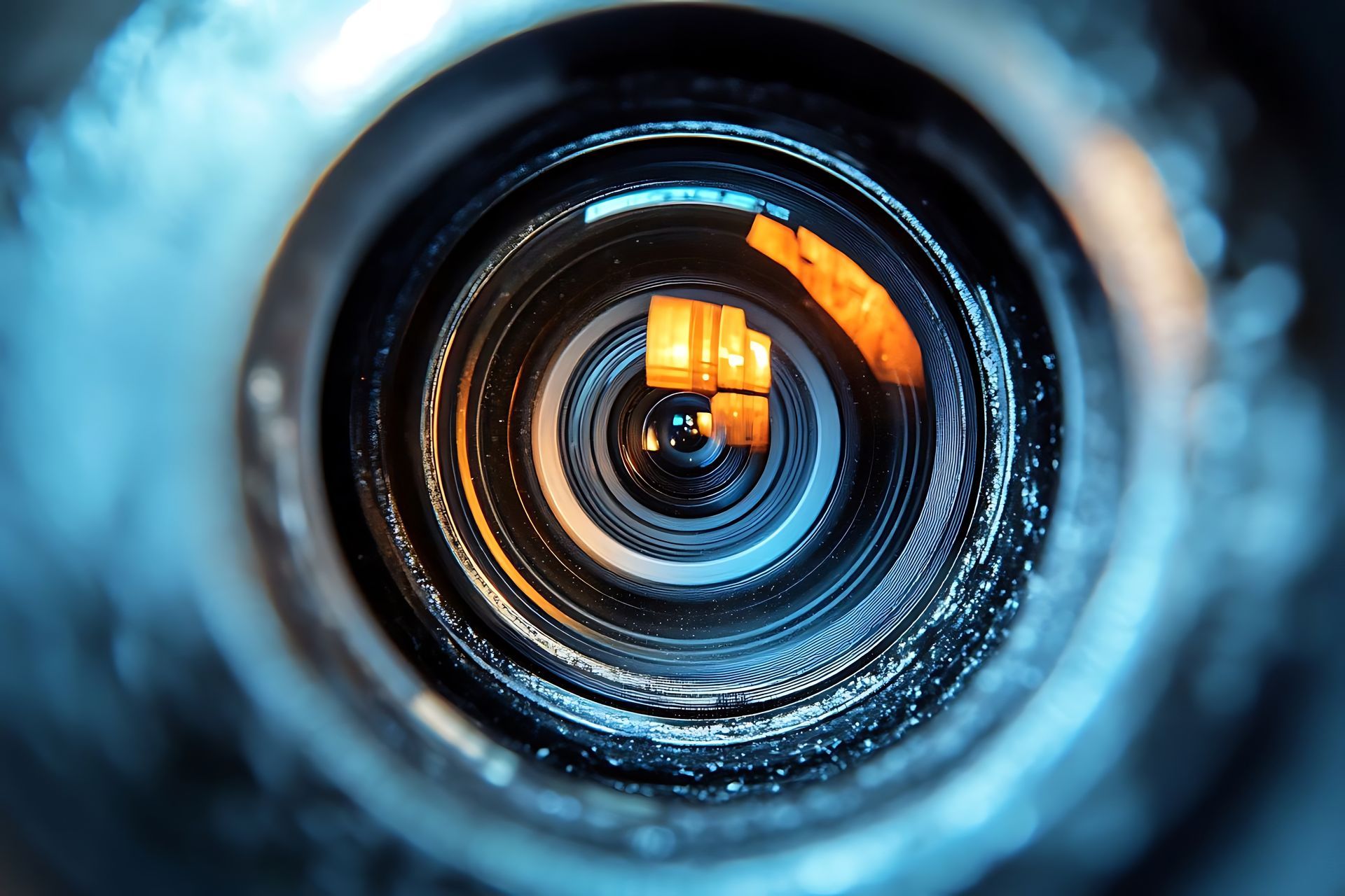 A close up of a camera lens with a light coming out of it.