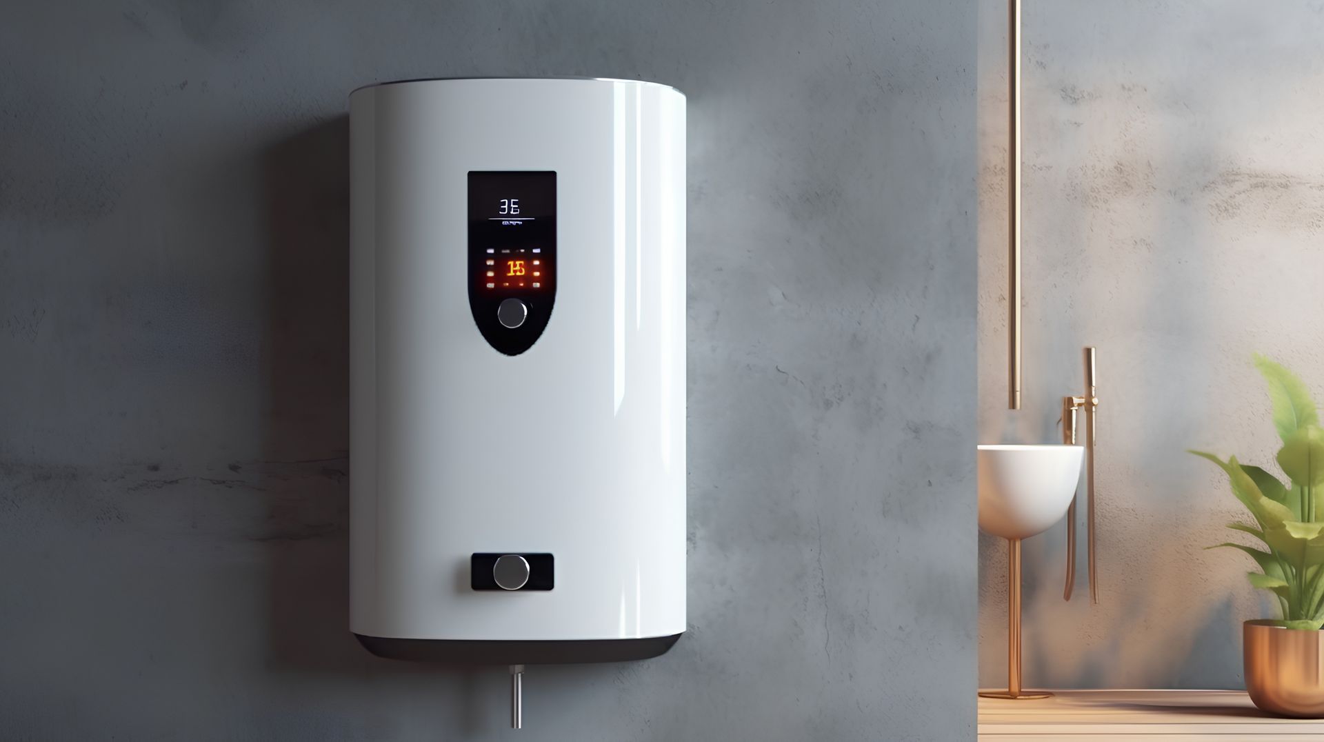 A white water heater is hanging on a wall in a bathroom next to a sink.