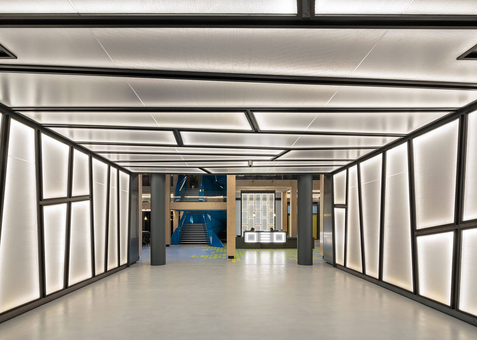office entrance with illuminated walls and ceiling