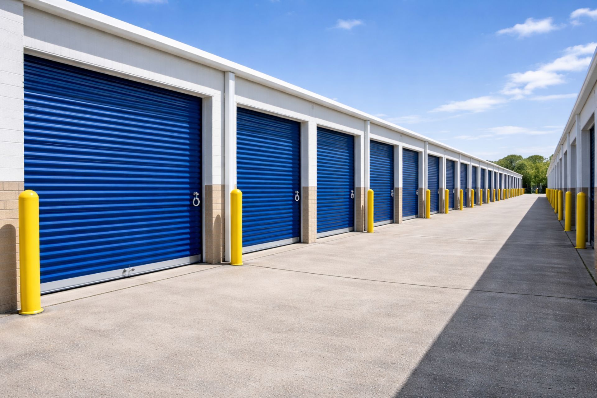 Row of blue storage unit doors with yellow posts, under a blue sky.