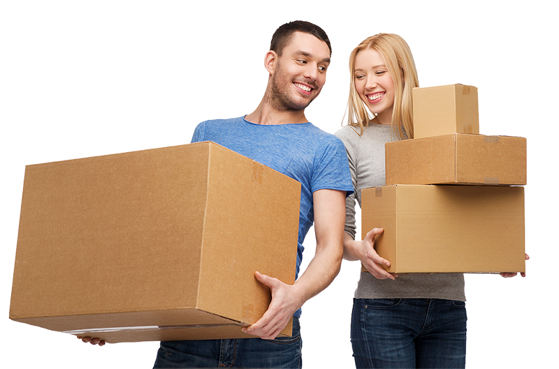 Couple smiling, carrying cardboard boxes, likely moving.