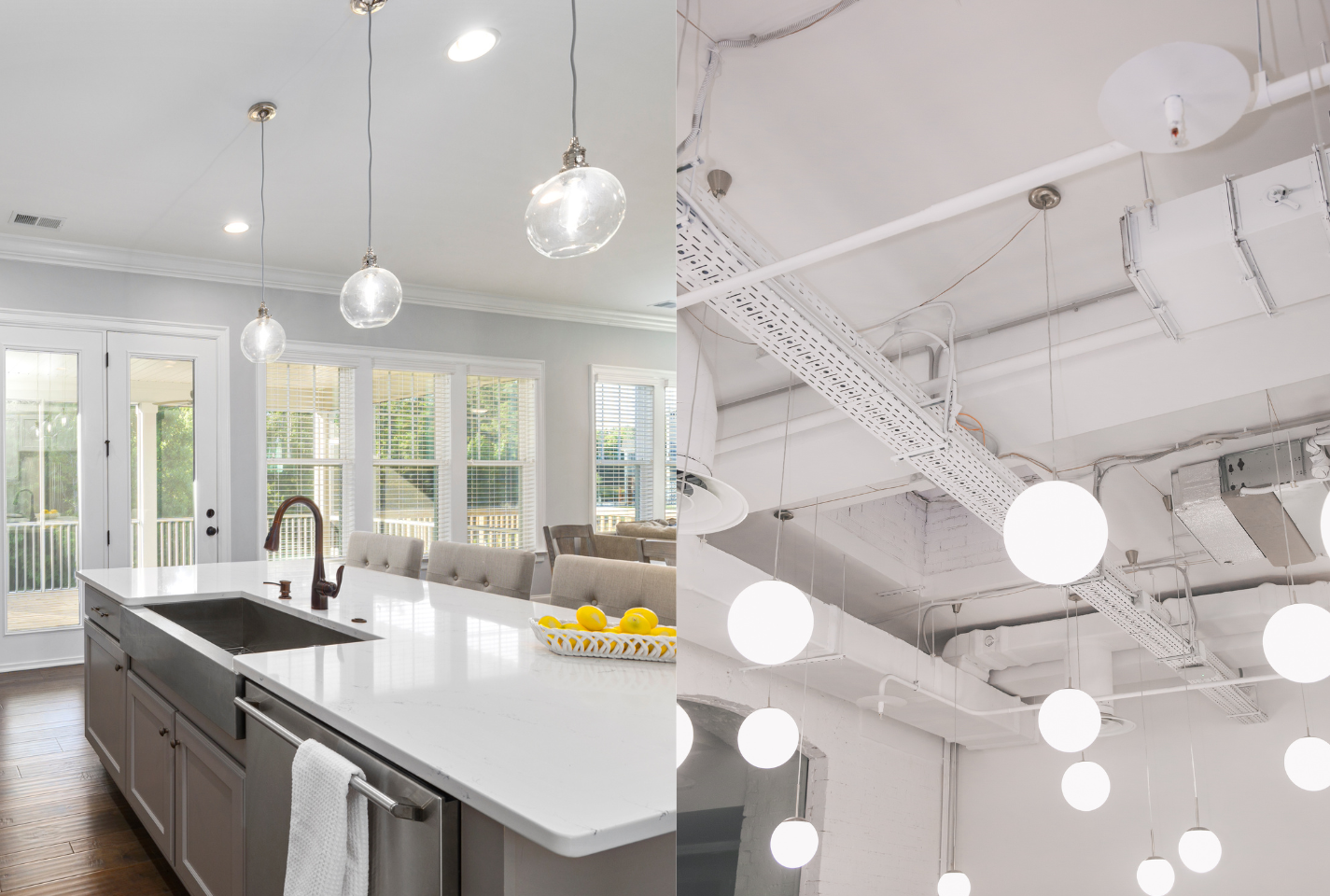 A kitchen with a sink and a ceiling with lots of lights hanging from it.