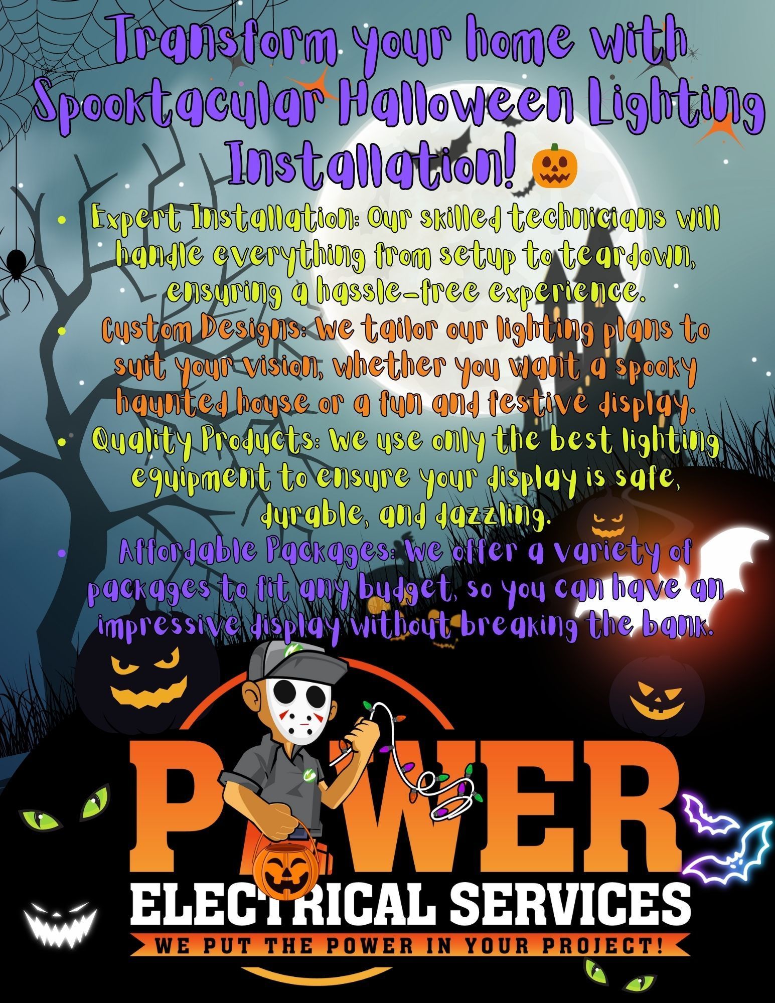 An advertisement for power electrical services for halloween lighting