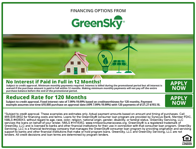 An advertisement for greensky shows a house and a light bulb