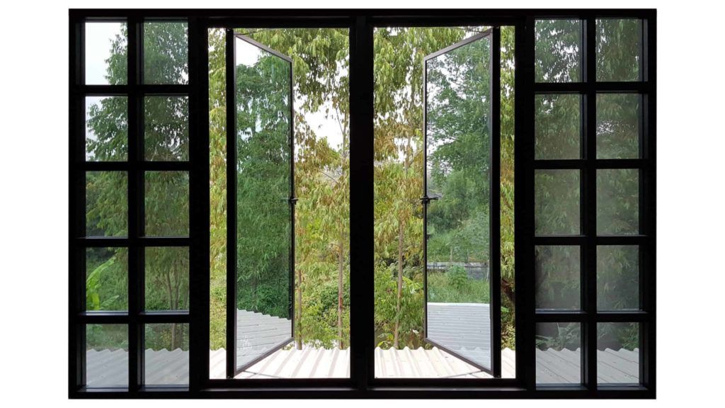 Large windows black aluminum swing doors nature view — Brochures in Tamworth, NSW