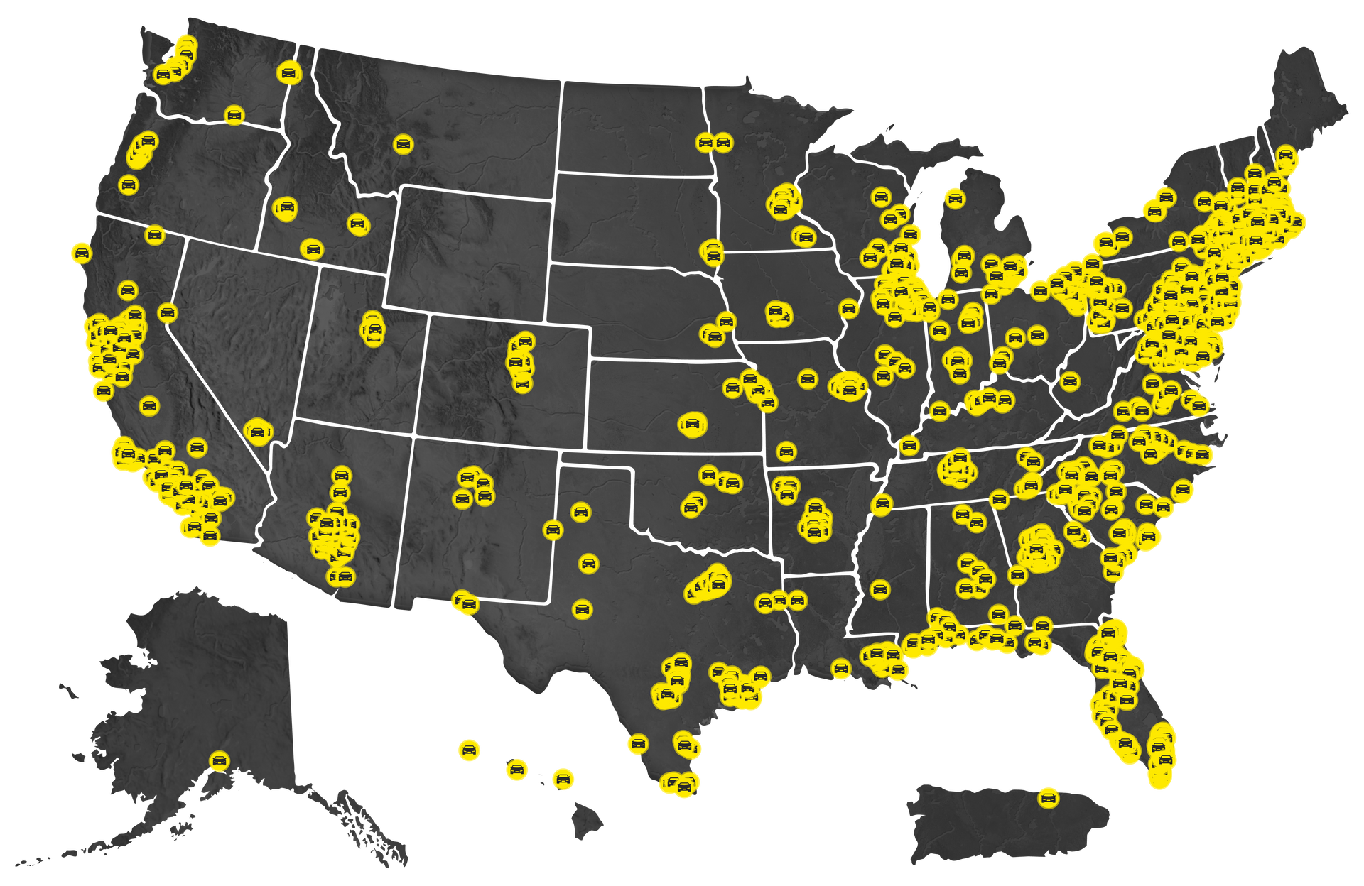 Map of the United States with yellow dots, likely indicating locations, spread across the states.